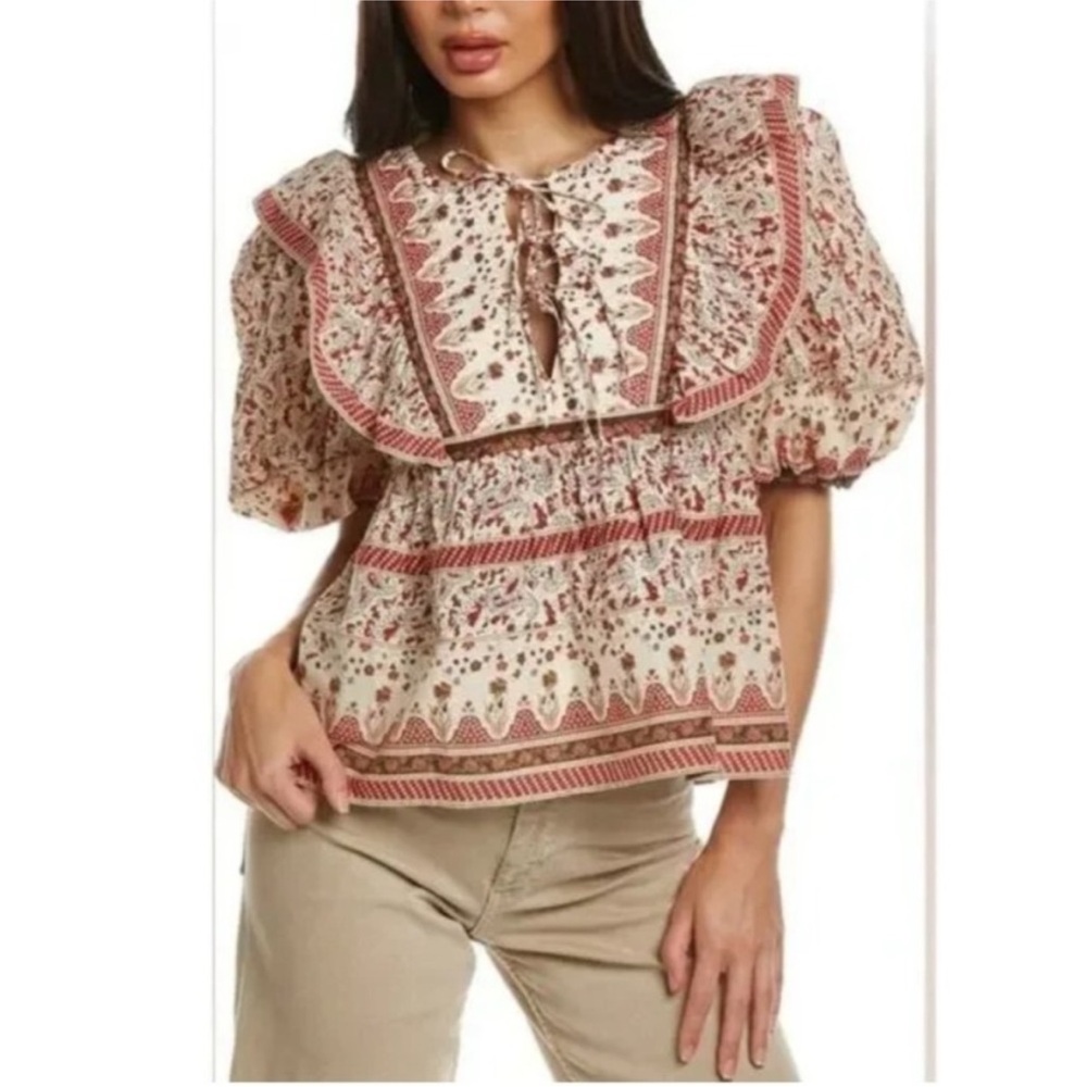 NWT Calypso St Barth Floral Ruffle Blouse Puff Sleeves Cream and Red Size Small